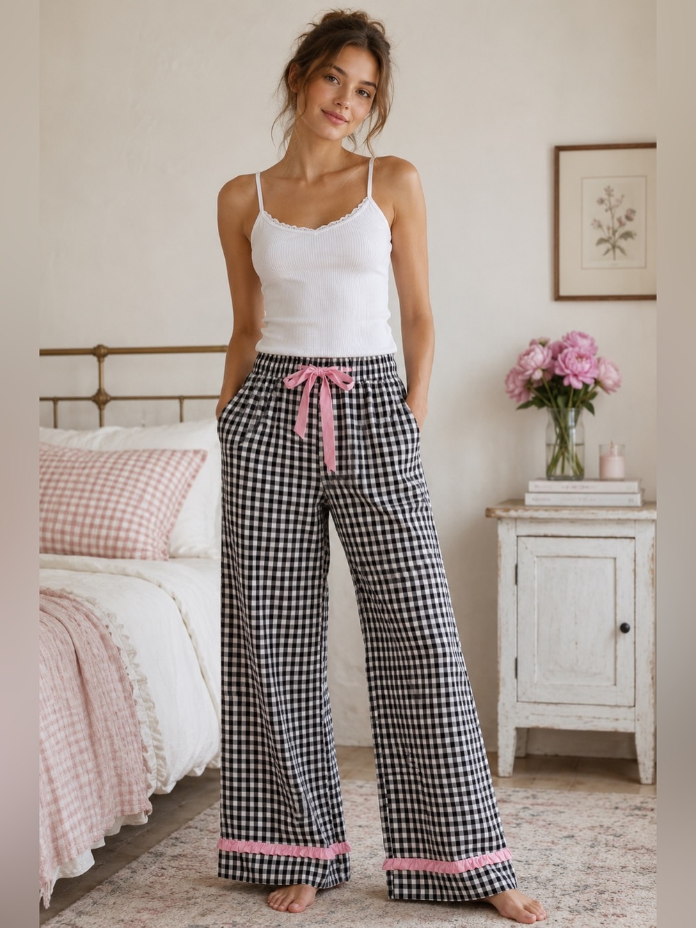 Rareraw Black & White Gingham Pink Satin Ruffle Bow Pants Size Small W/ Pockets